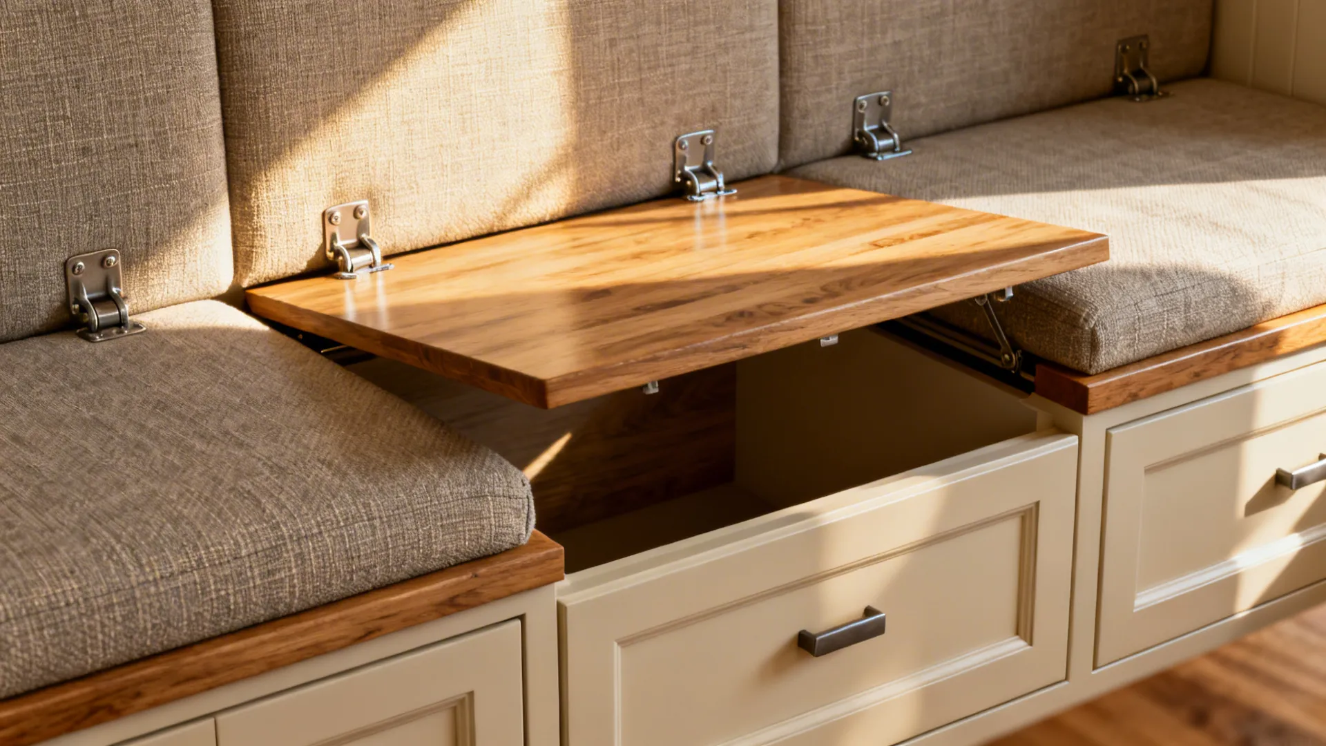 Close-up of built-in banquette with hidden storage drawers and textured upholstery in a dining bay.