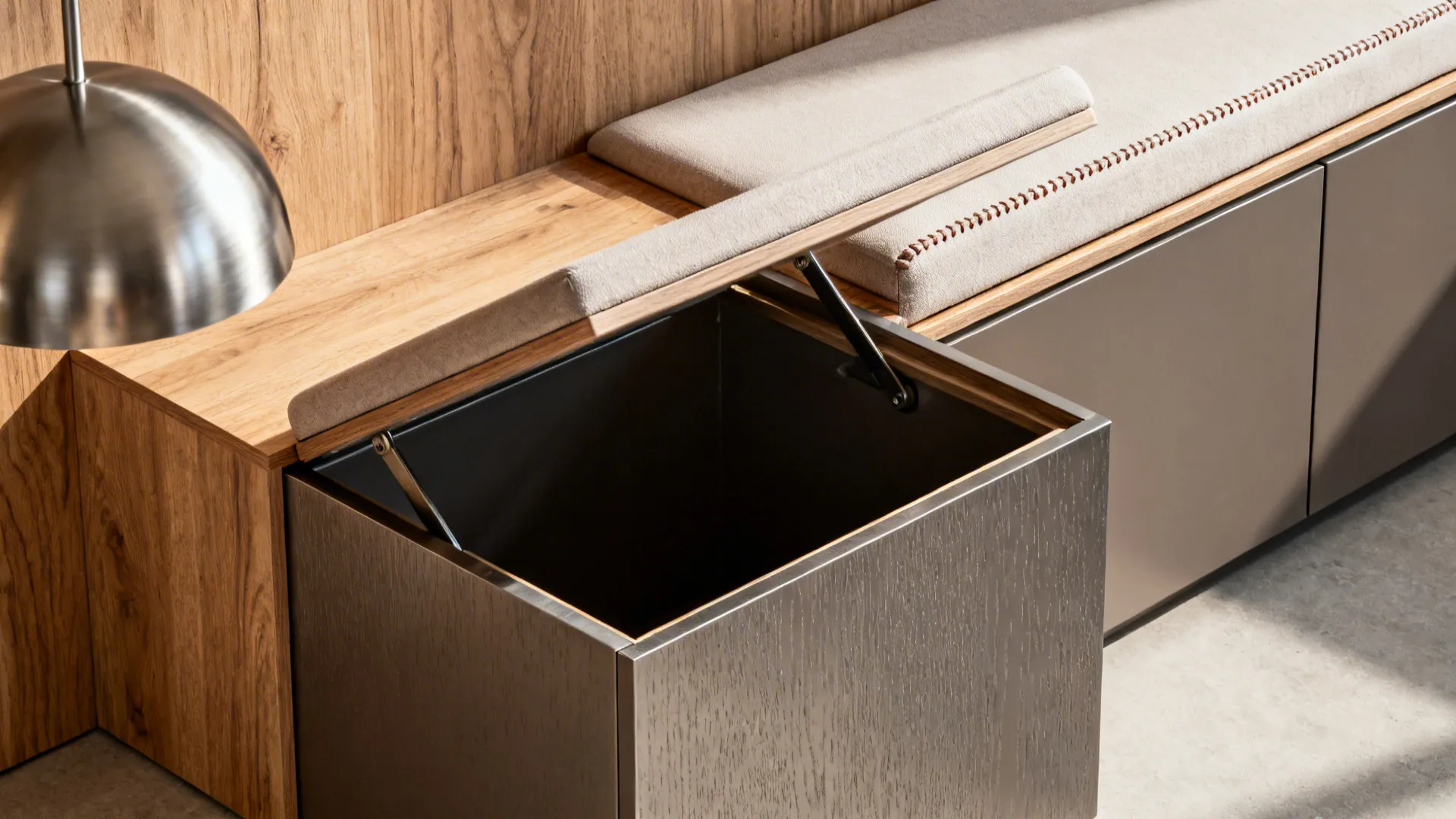 Macro of a banquette seat with lift-up storage and wipeable upholstery in warm wood.