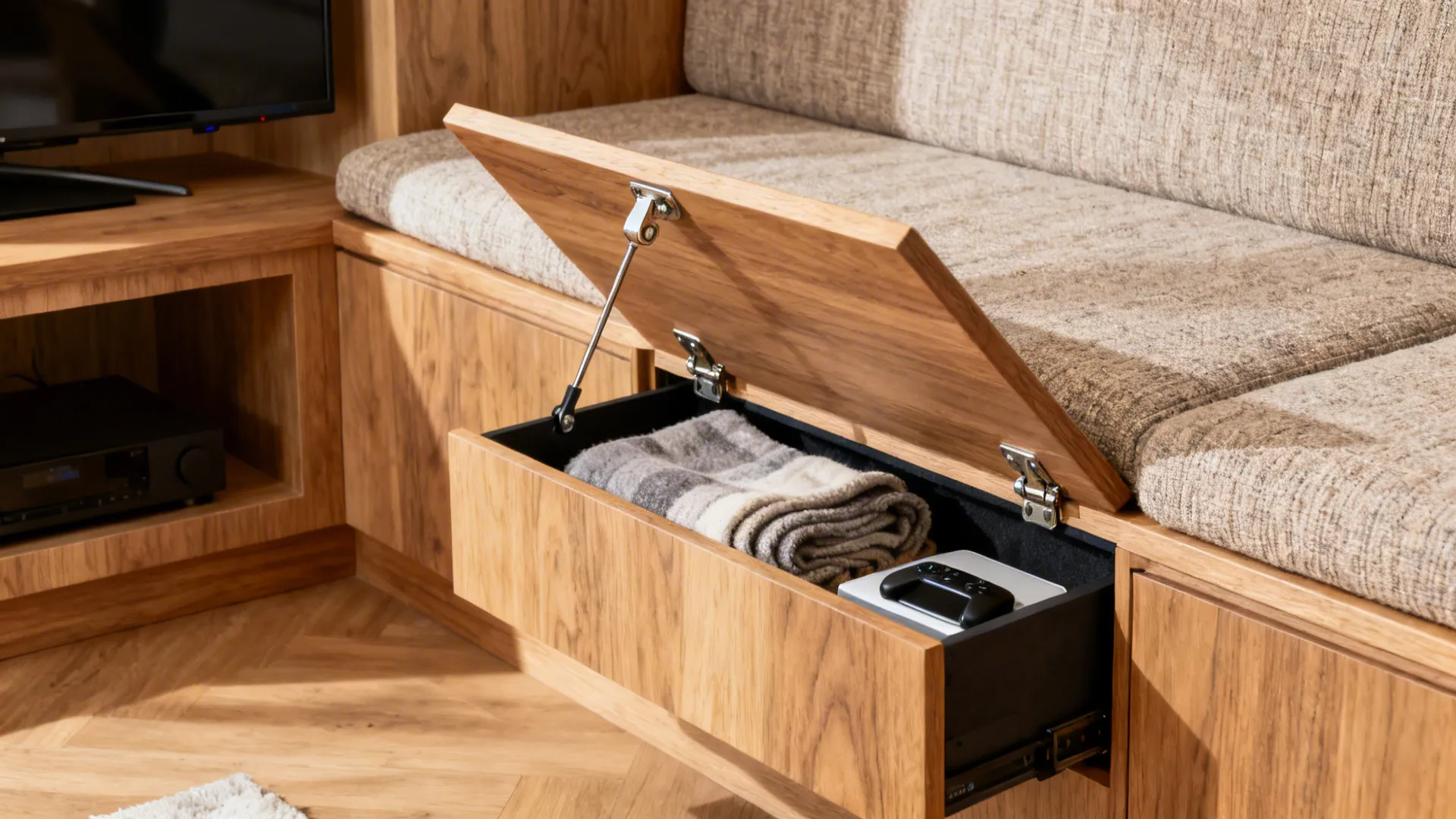 Close up of open wood storage drawer under sofa showing folded blanket and gaming console