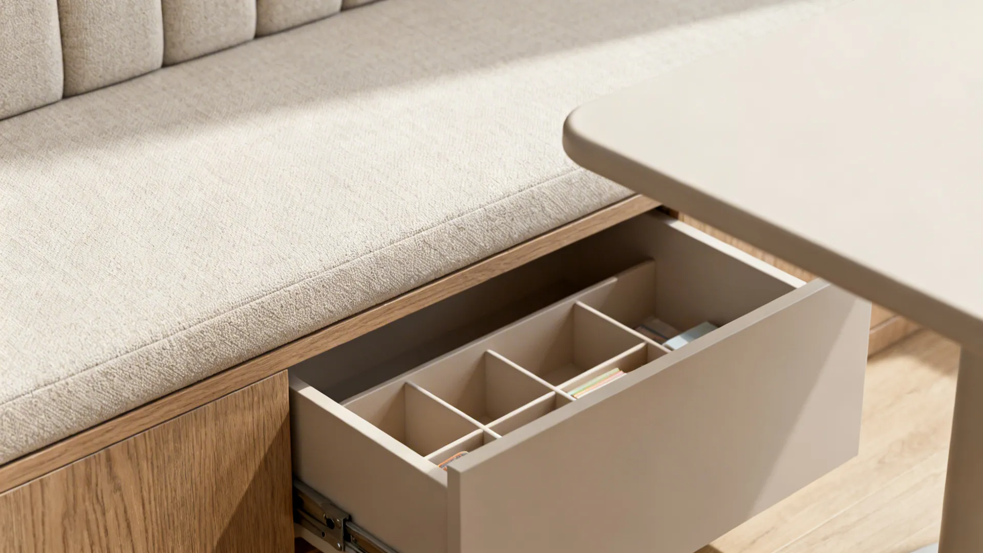 Close up view of wooden bench with fabric cushion and open storage drawer with dividers