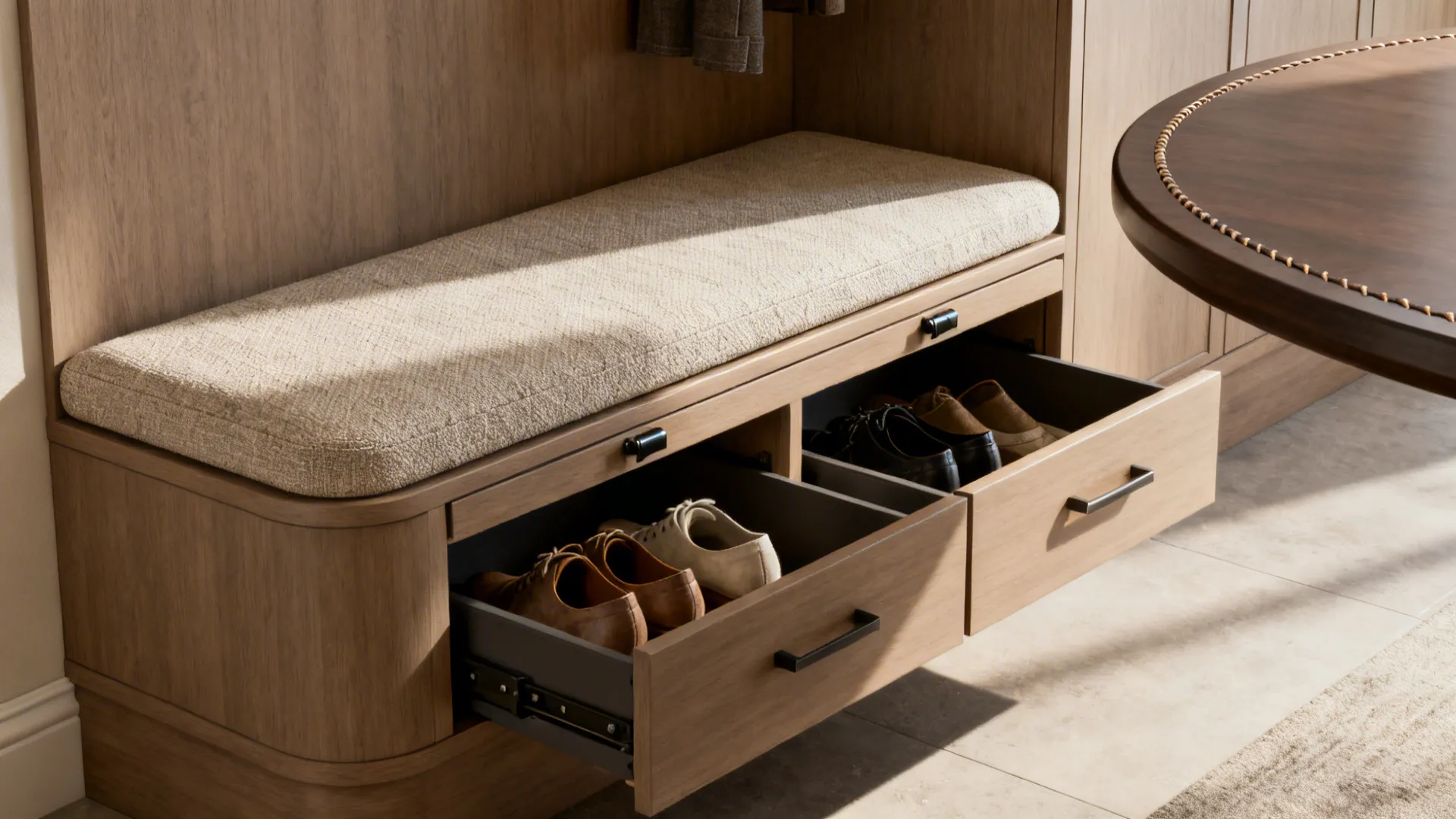 Close-up of a built-in banquette with lift-top storage and shoe drawers by the entry.