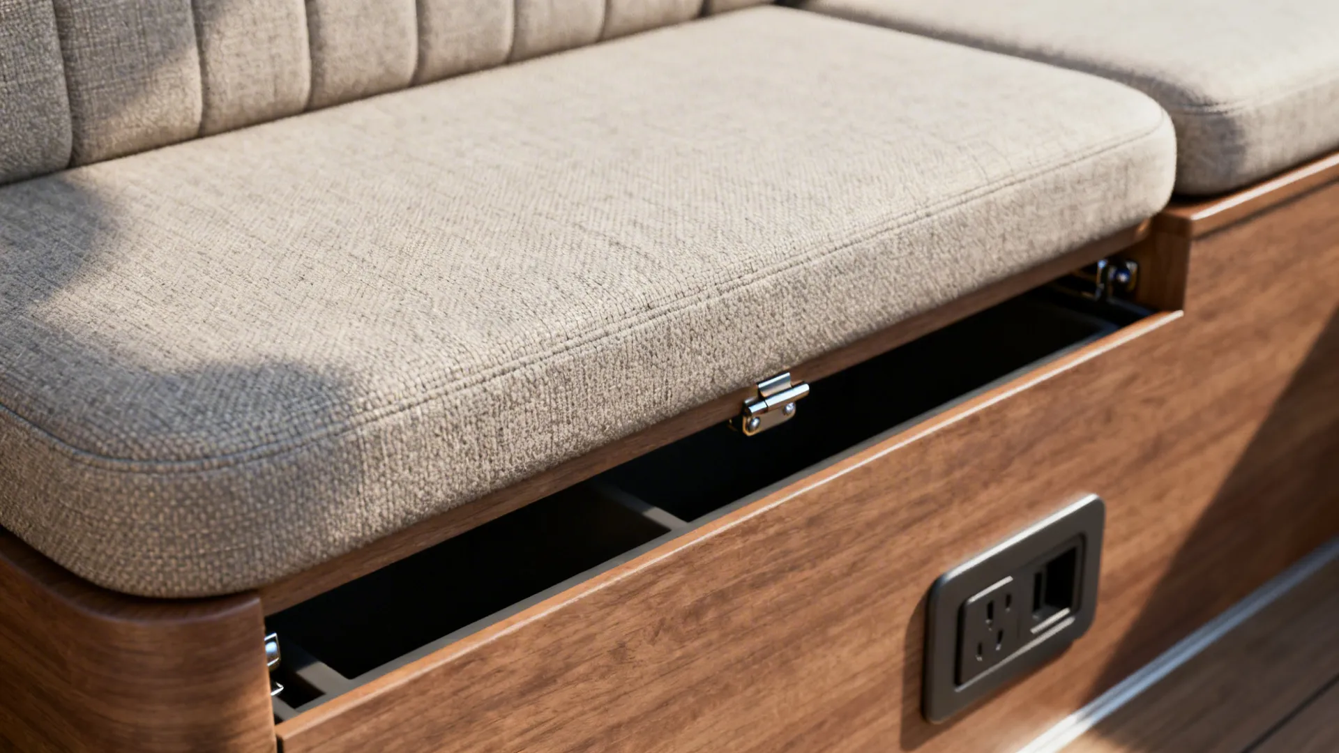 Macro of banquette fabric, rounded cushioning, concealed hinges, and recessed power outlet.