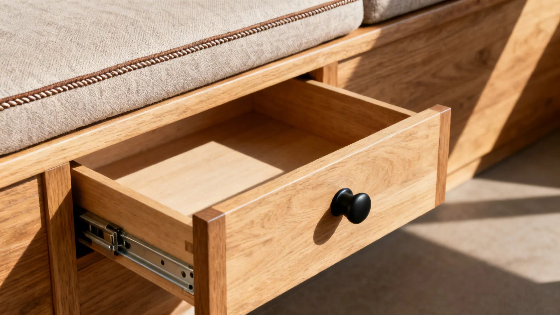 Macro of a banquette drawer with soft-close slides and textured cushion upholstery.