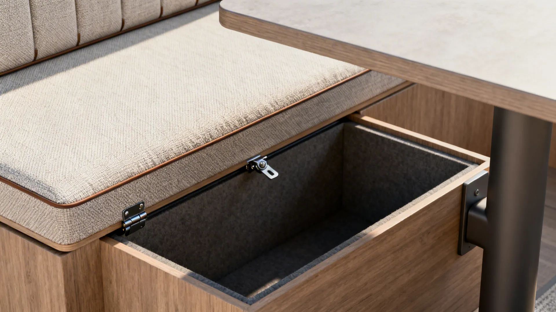 Macro of a lift-up banquette hinge, interior storage, and a performance fabric cushion beside a pedestal table base.