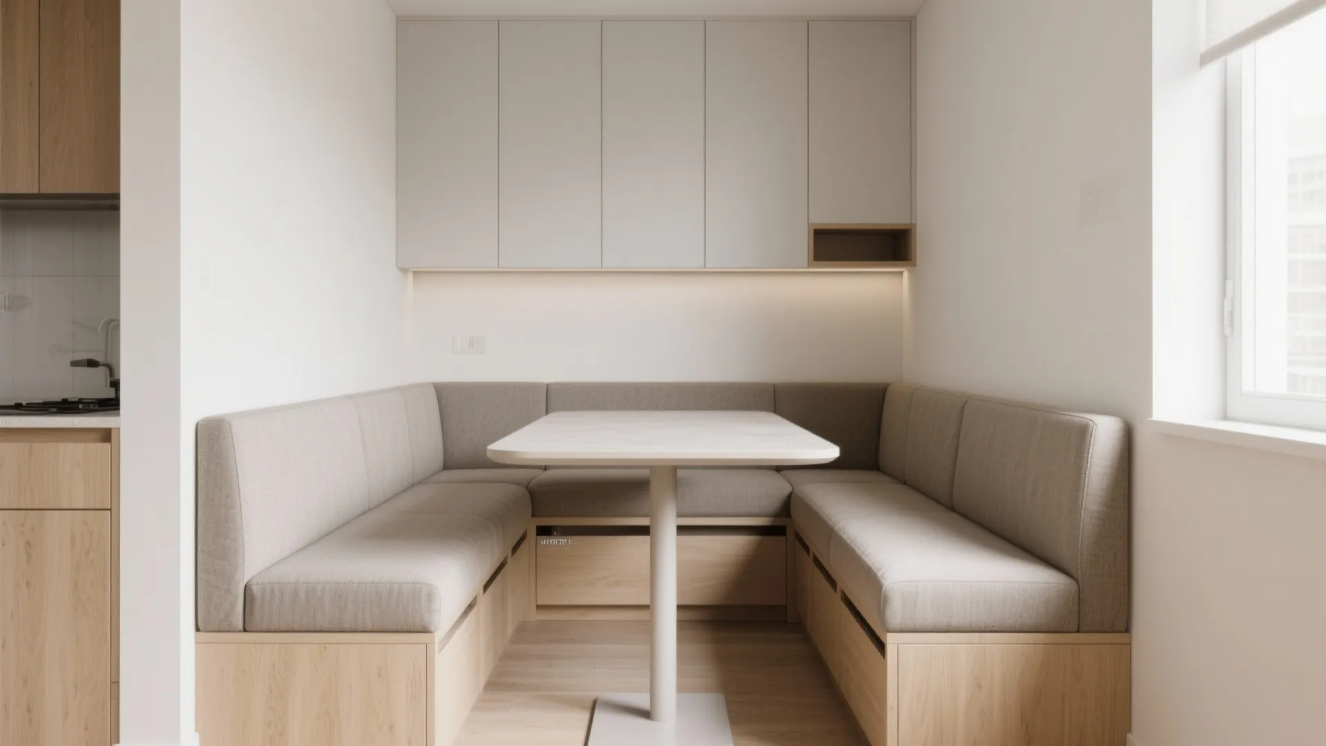 Built-in banquette with shallow storage