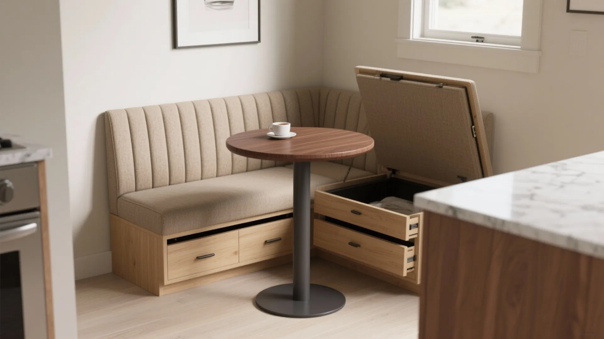 Corner wooden sofa with storage drawers and an open seat showing space for hidden items