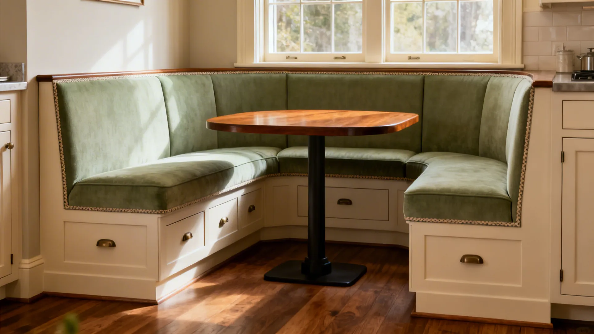 Built-in U-shaped banquette with storage drawers and cozy cushions beneath a window.