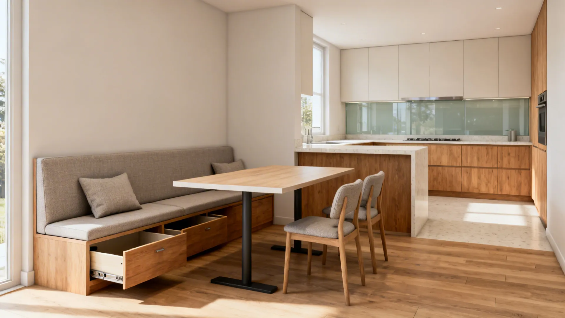 Built-in banquette with under-seat drawers beside a compact table in a 12x12 kitchen.