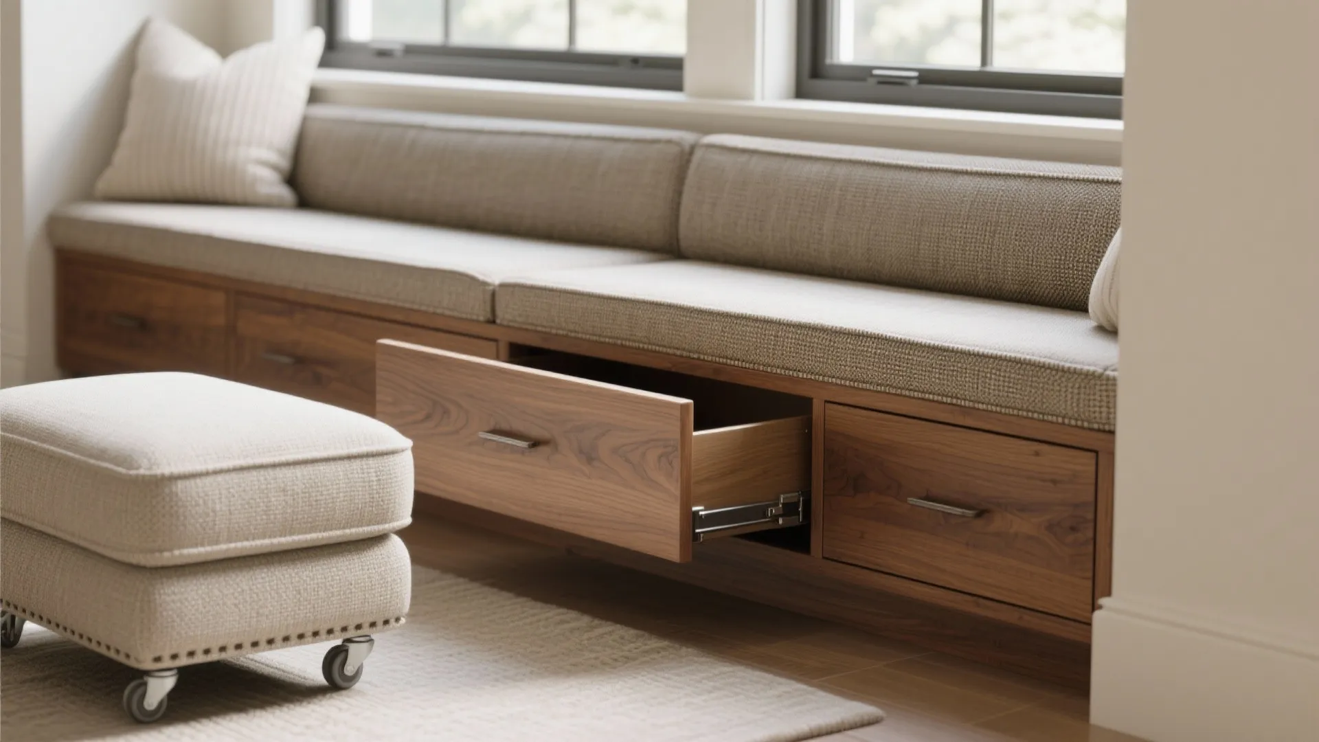 Custom wooden window bench with fabric cushions including storage drawers and small footrest on wheels