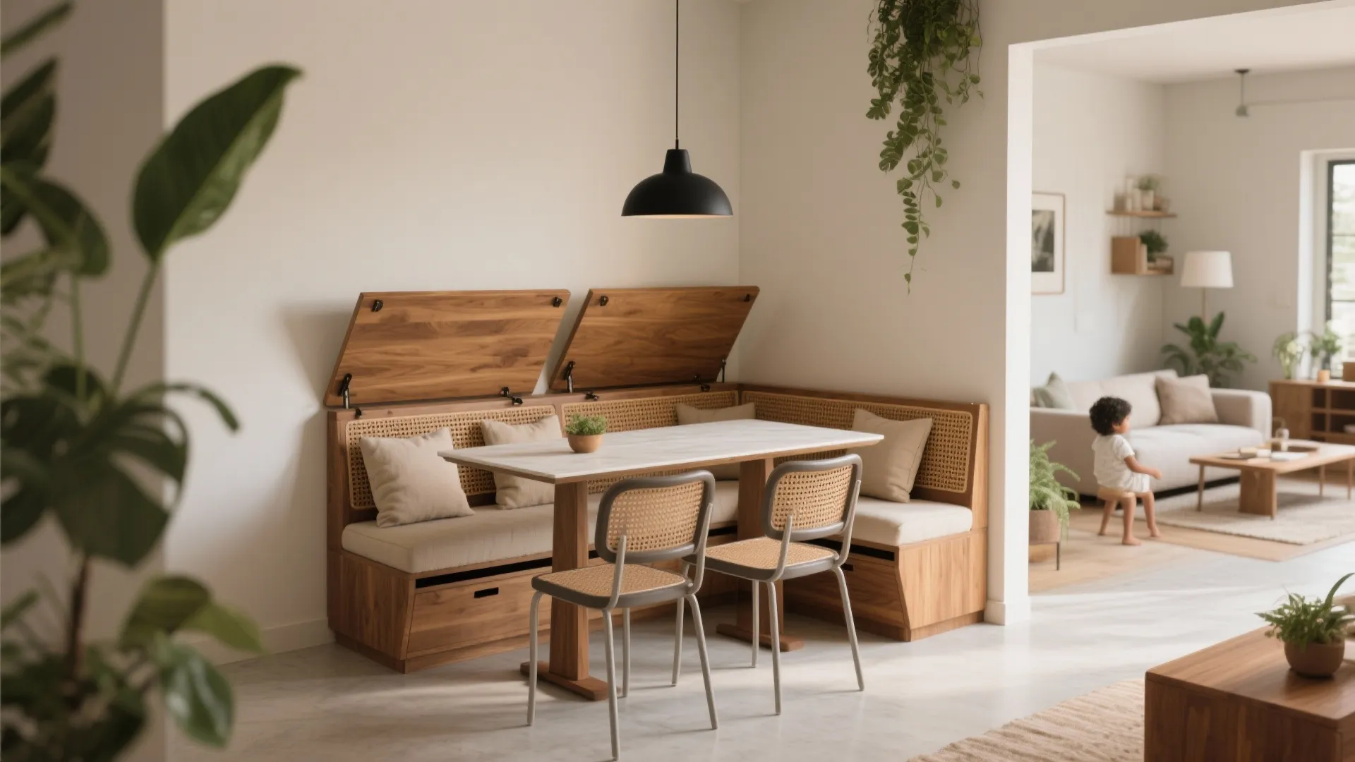 3) Banquette seating with storage + an extendable table