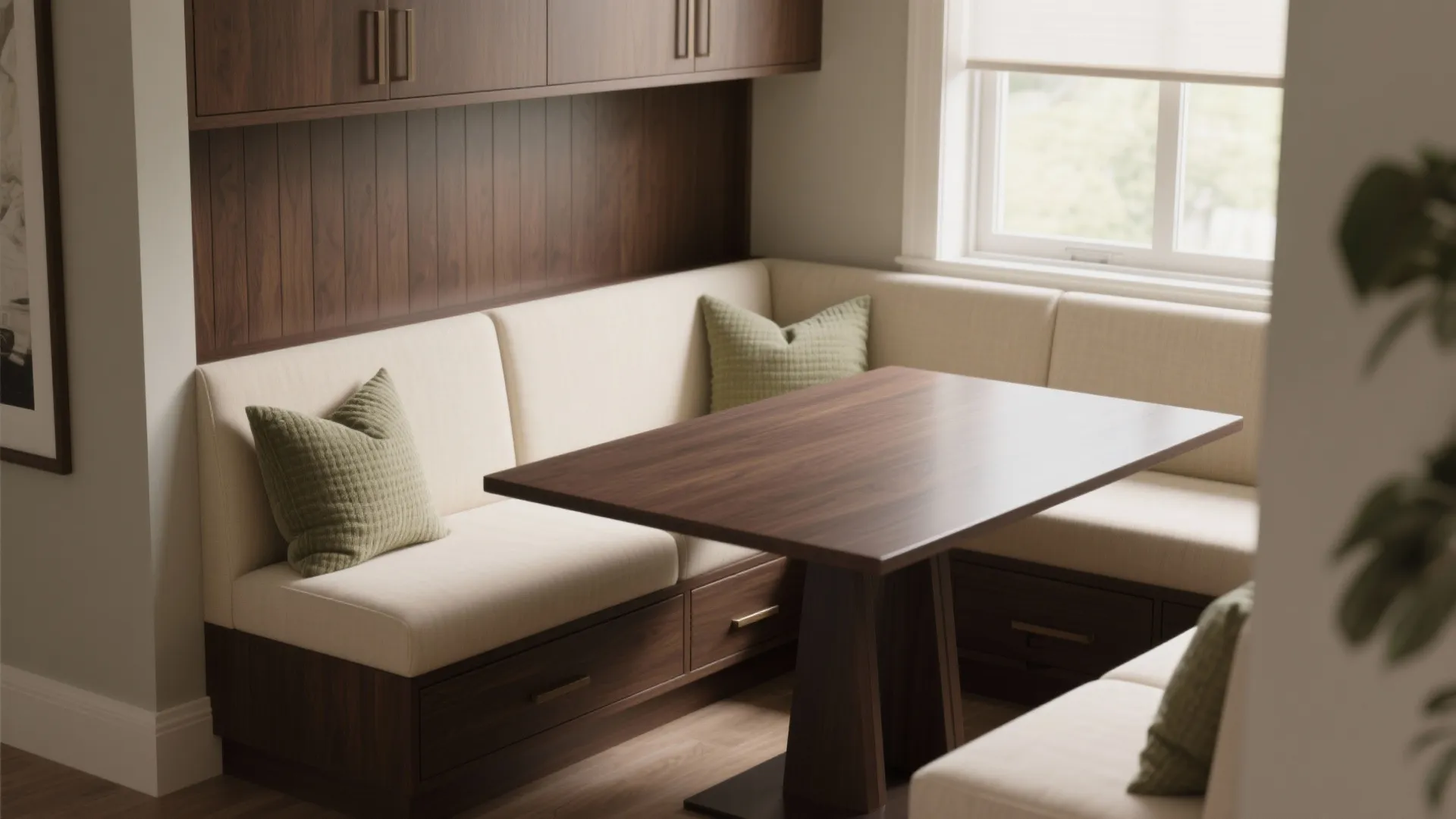 Built in dining bench with green pillows next to a dark wood table and bright window