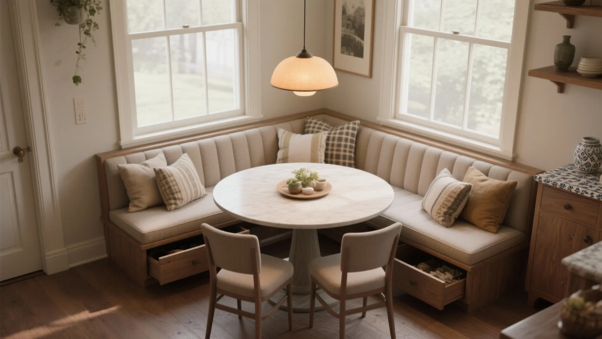 Cozy L-shaped banquette with a 36-inch round table and under-seat storage in a small dining room.