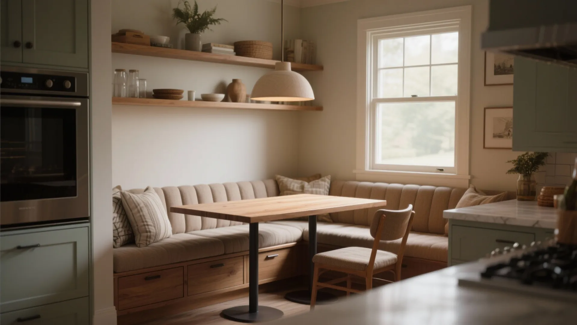 Built in corner kitchen seating with wooden table light fixture and wall shelves for storage