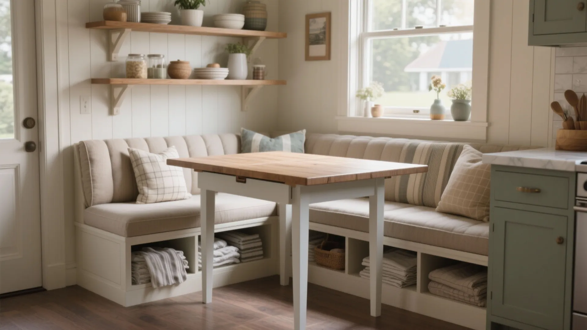 Cozy kitchen breakfast nook with wood table cream bench seating wall shelves and storage cabinets