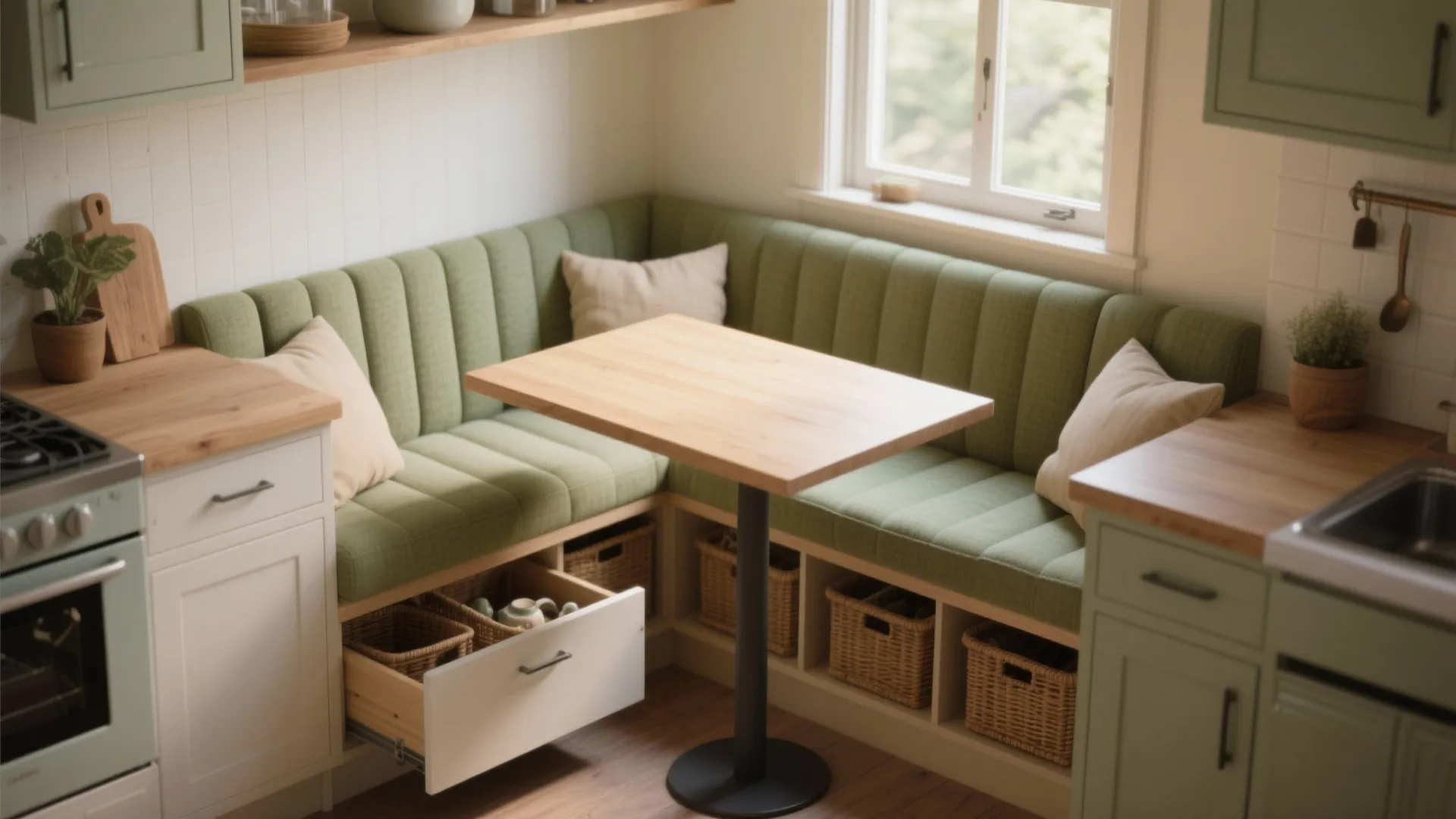 Built-in corner banquette with narrow rectangular table and under-bench storage open to show organization.