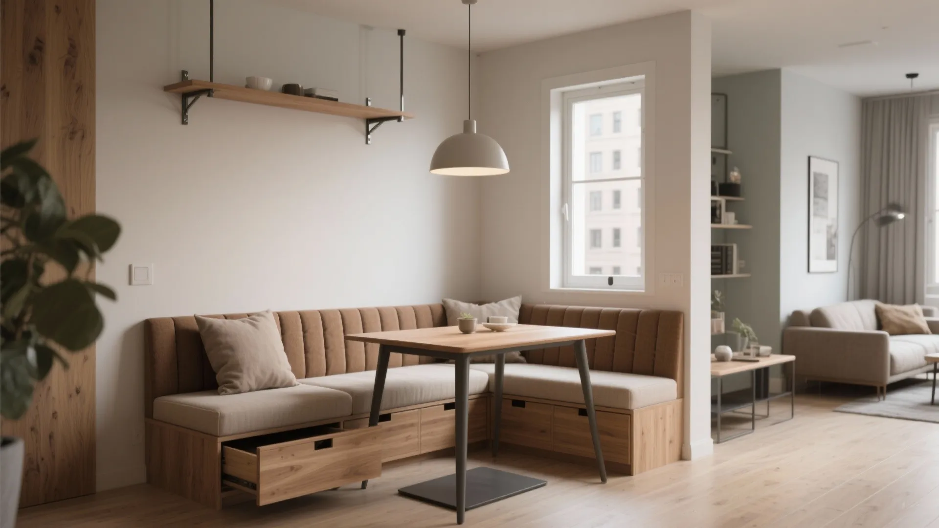 Built-in banquette + wall-mounted table: dine smarter, sit more