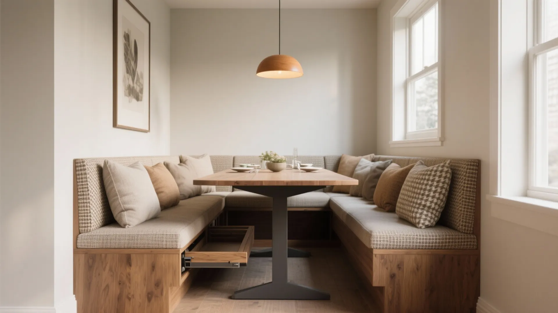 Built in dining bench with storage drawer wooden table orange ceiling light and cozy wall cushions
