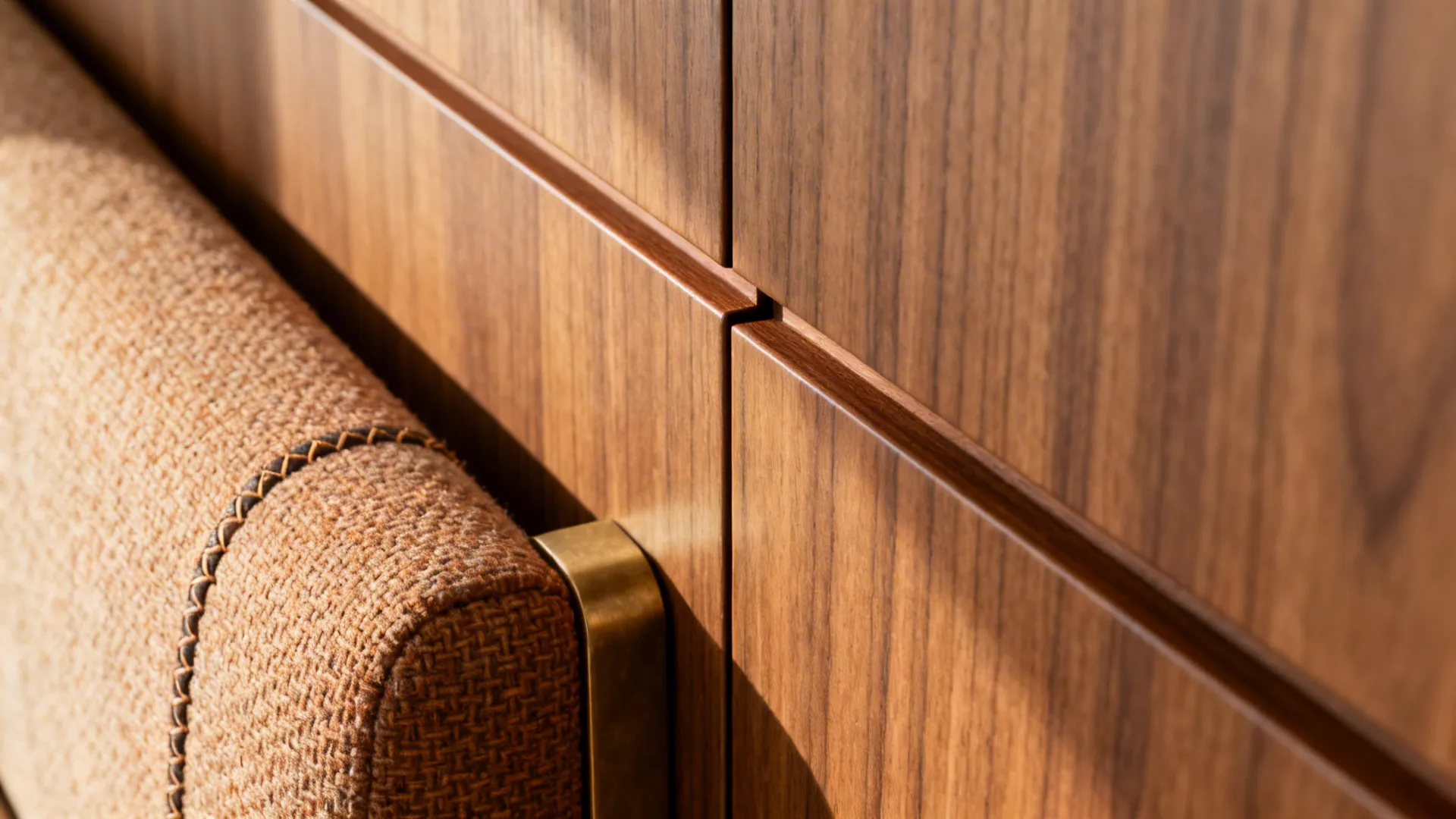 Close up view of wooden wall panel and brown textured fabric cushion with visible hand stitching