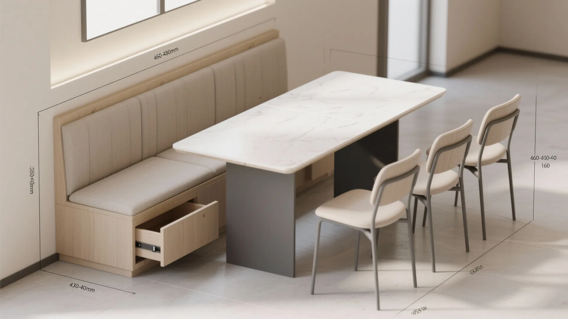 Modern wooden bench with storage drawer white dining table and three chairs showing furniture measurements