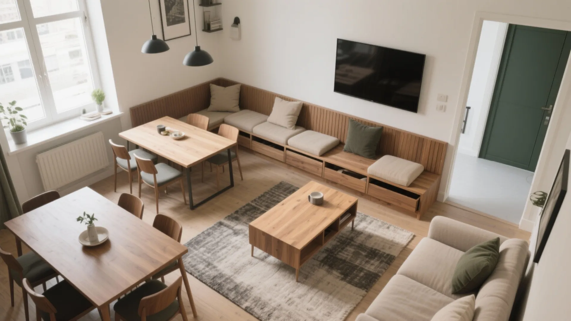 Banquette Seating Along the Wall + Compact Rectangular Table