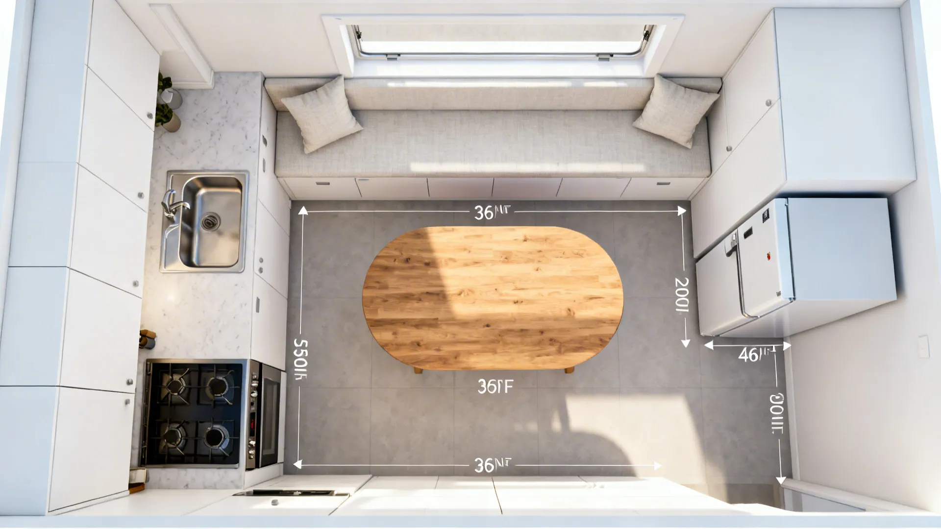 Top-down plan of an L-shaped kitchen with banquette, rounded table, and 36-inch aisles.