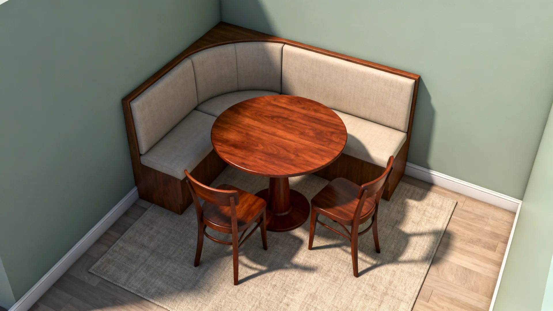 Top-down view of an L-shaped banquette layout with a round cherry table and clear pathways.