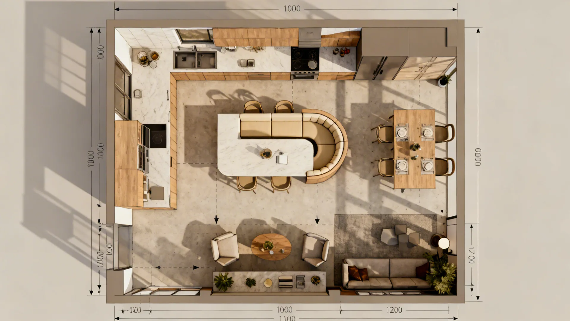 Top view interior design drawing showing kitchen island with curved sofa and dining table layout