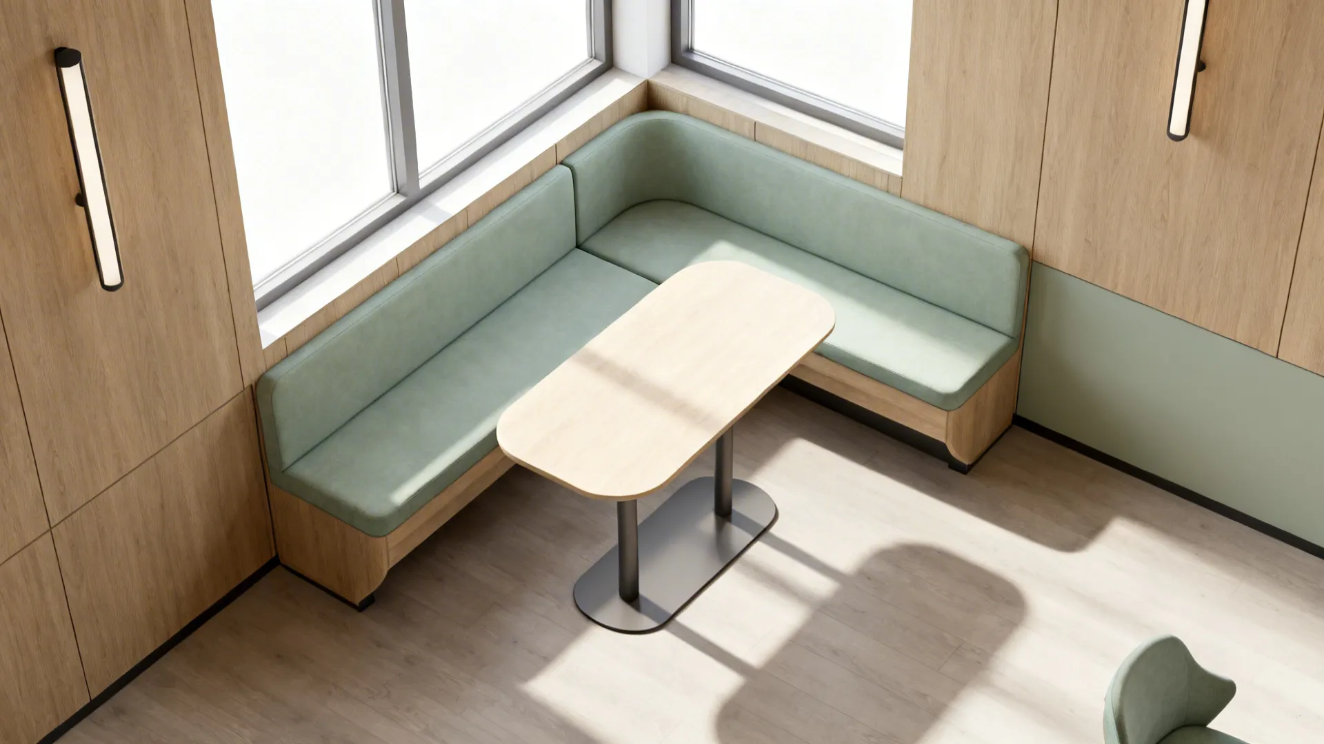 Top-down plan of a corner banquette with a slim table and clearances.