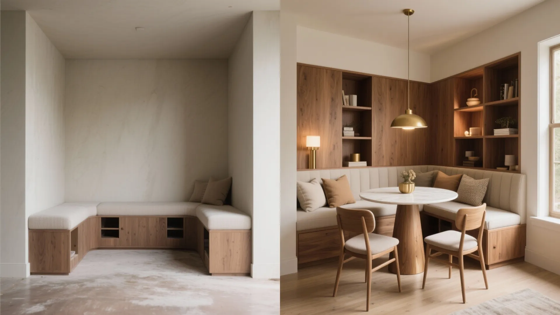 Before-and-after interior design drawing showing a custom wood bench transformed into a cozy dining nook