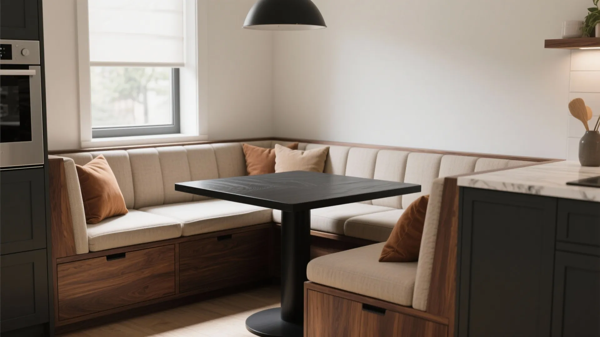 4. Built-in banquette + walnut table