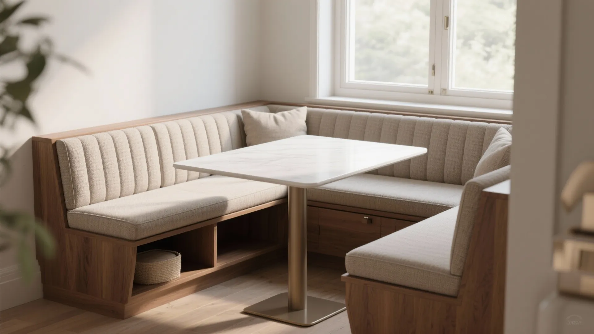 Corner breakfast nook with cream colored padded bench seating a white table and wooden storage