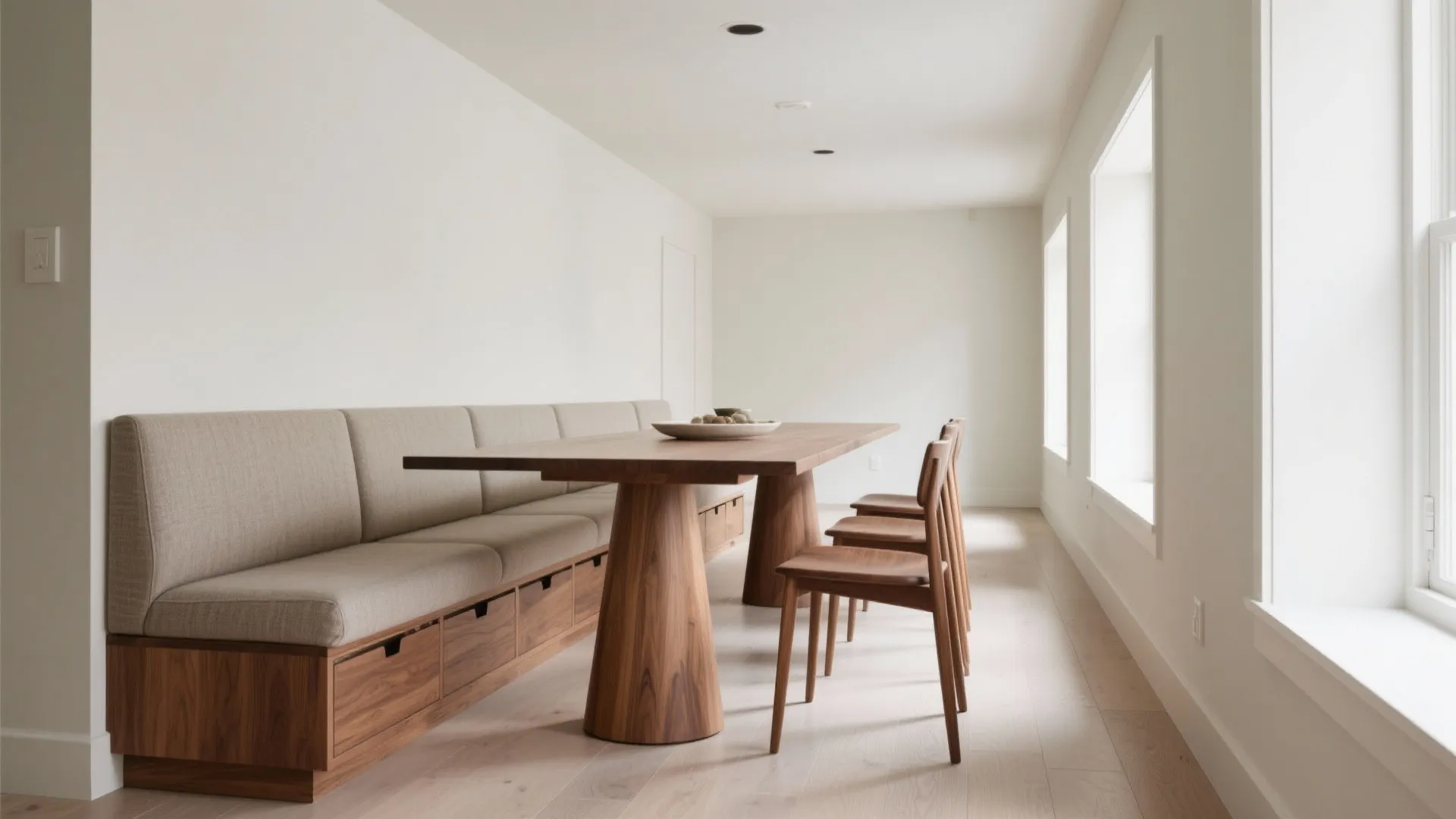 Minimalist dining room with wooden table long built-in bench seating several chairs and bright windows