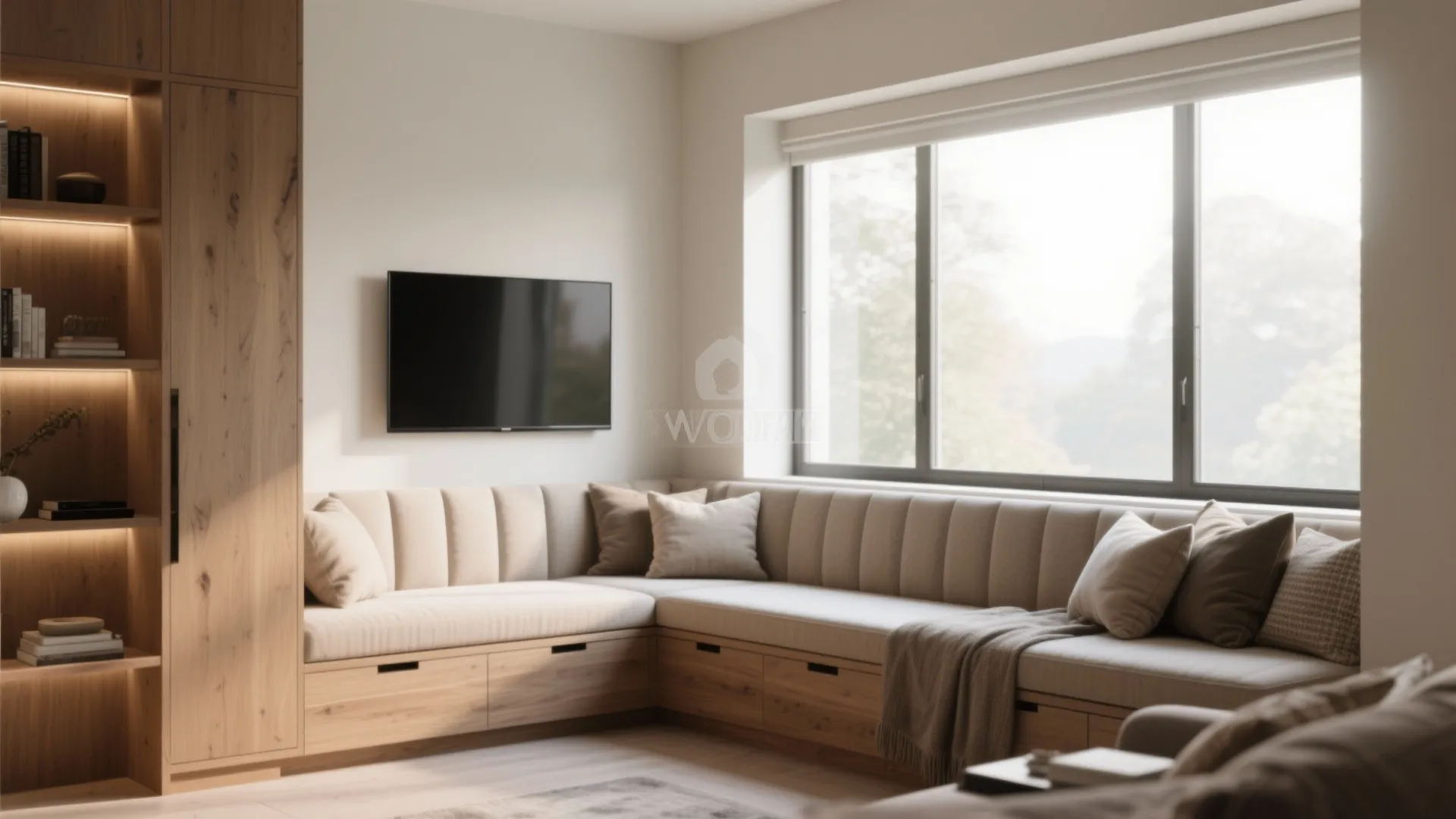 Built-in banquette under a window forming a TV nook with tailored cushions and integrated storage