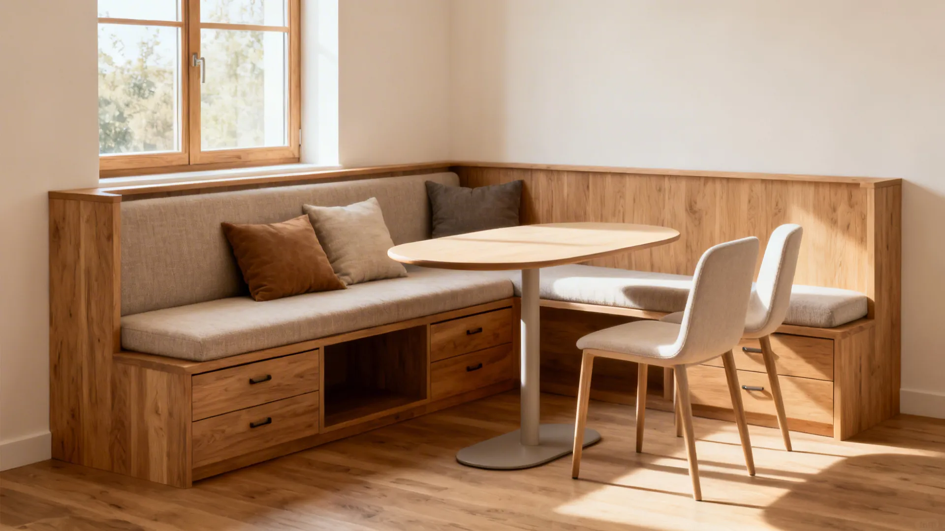 Built-in window banquette with storage drawers and an oval table in a compact nook.