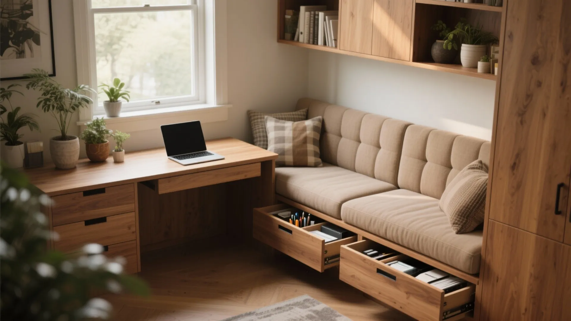 Built-in banquette with hidden storage and a slide-out desktop by a bay window, cozy cushions and plants.