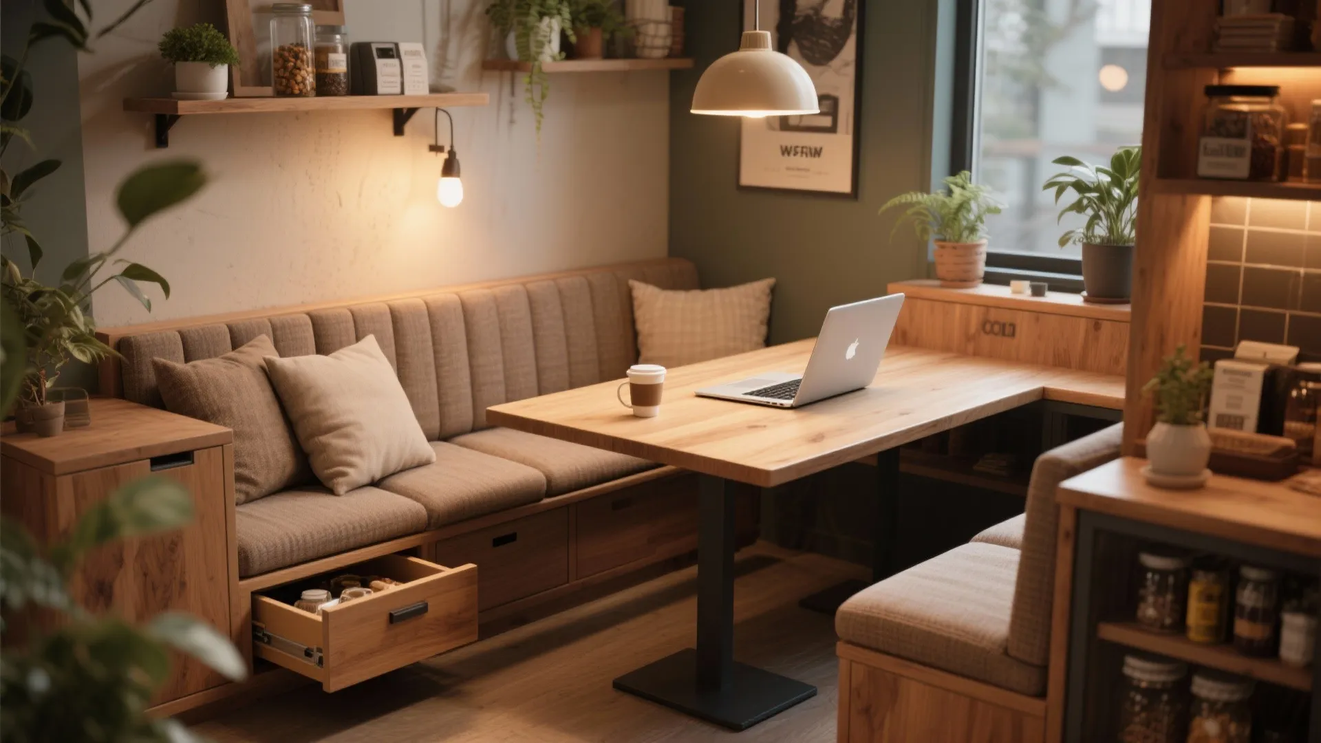 2. Banquette seating with integrated workspace