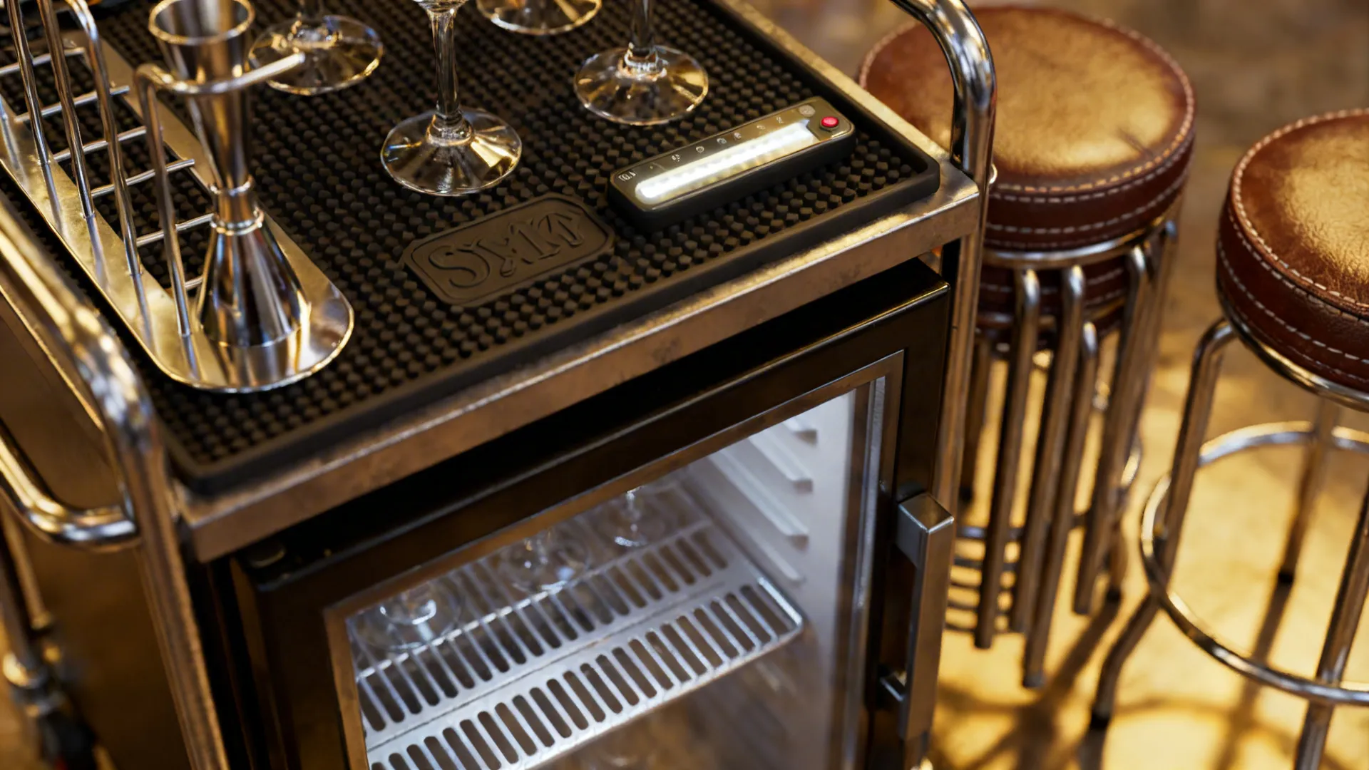 Close-up of non-slip liners, stemware racks and compact fridge vents for small bars