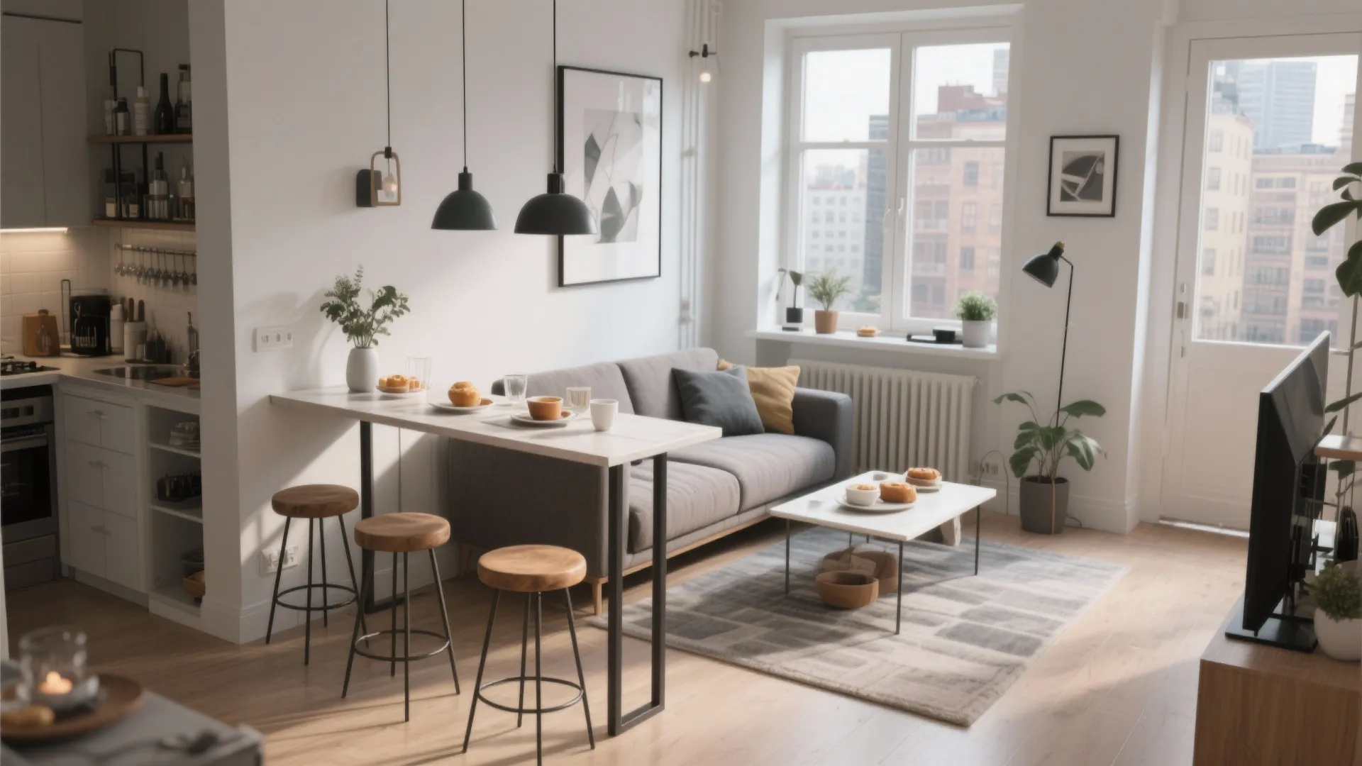 Small apartment living room with grey sofa and white breakfast bar with three wooden stools