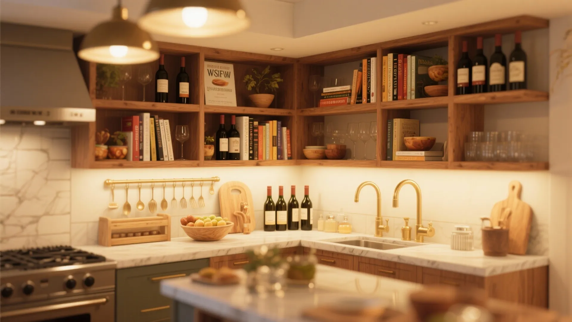 Modern kitchen with wood shelves holding books and wine bottles over a marble white counter