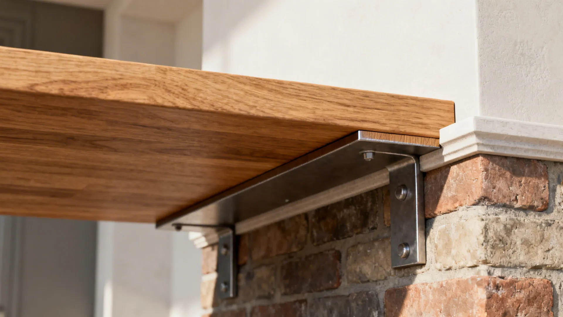 Close-up of oak breakfast bar fixed with a concealed steel bracket into masonry.