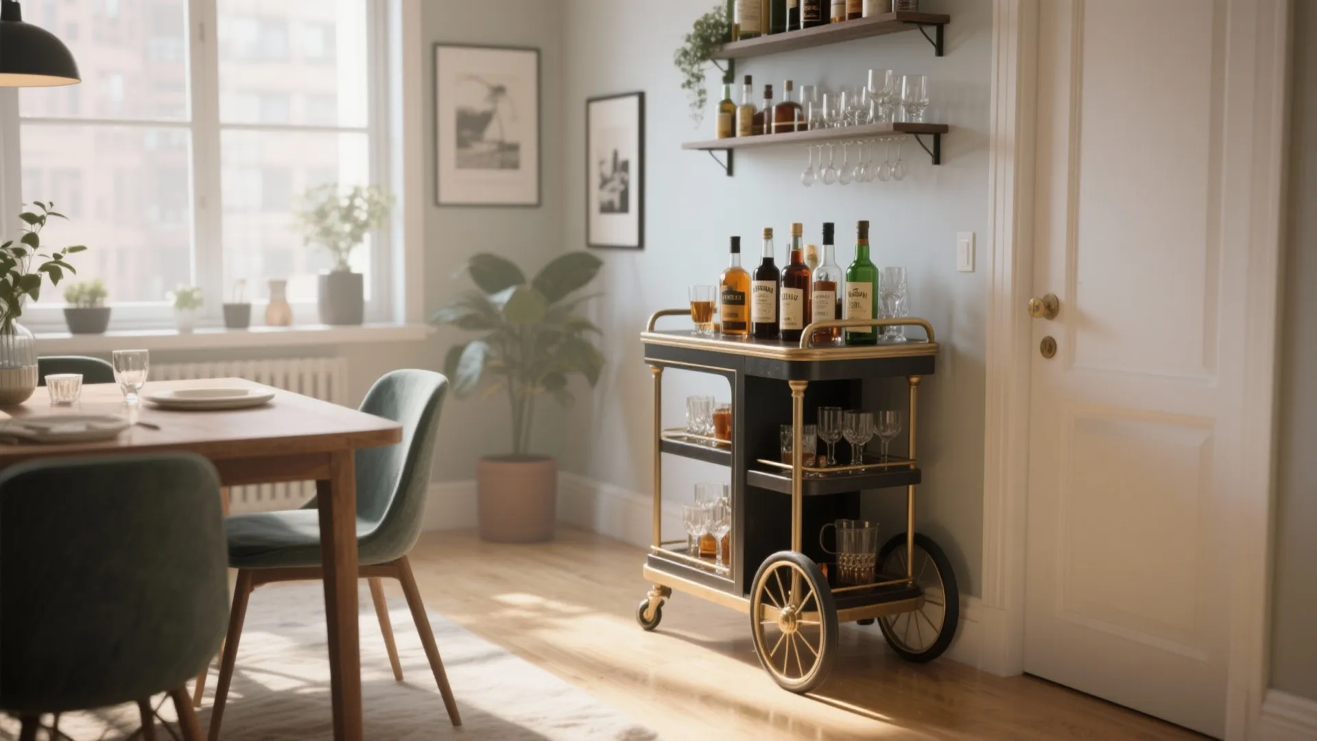 Stylish rolling bar cart in a dining area