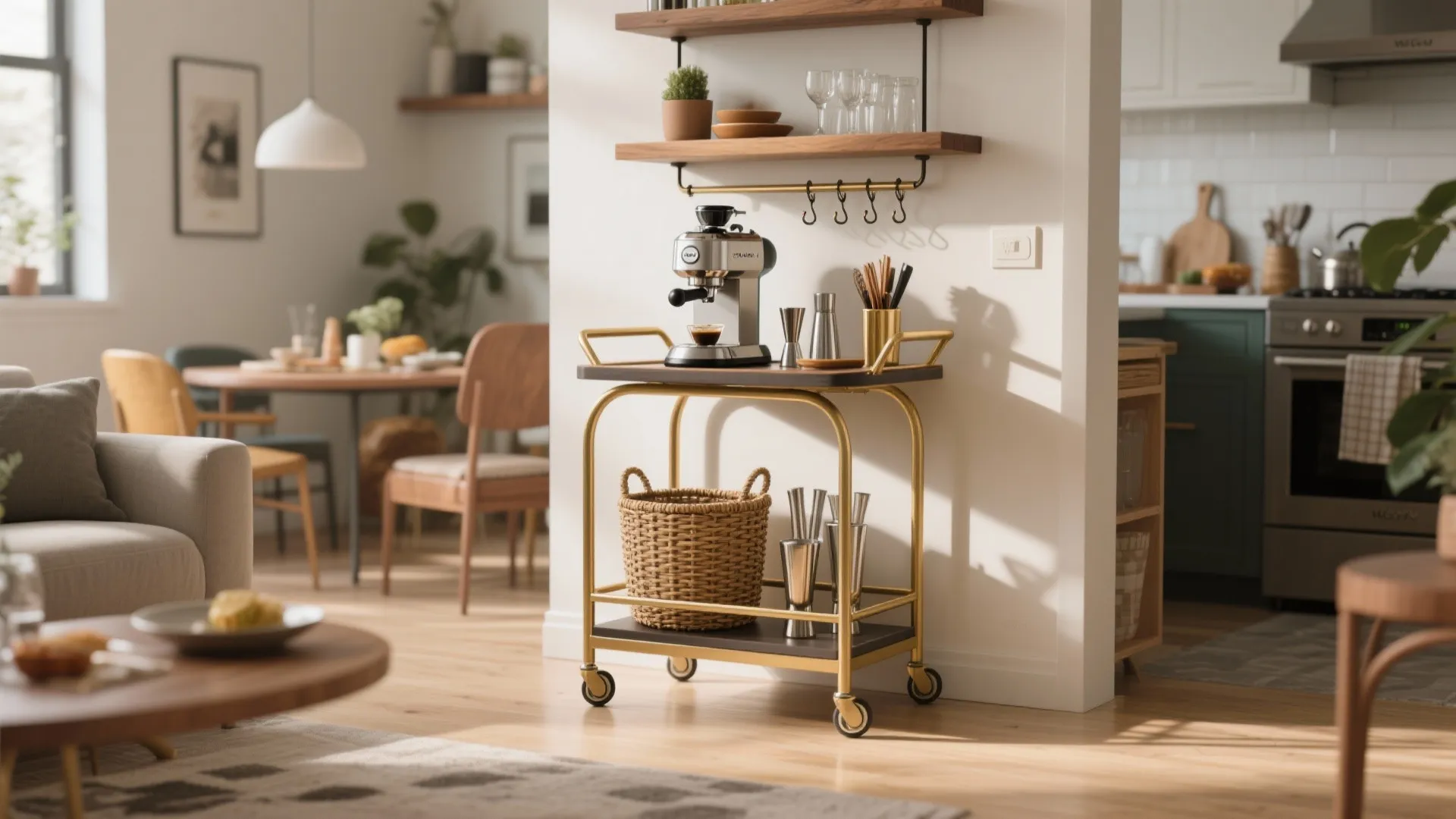 Gold rolling bar cart with coffee machine and basket in a bright modern home kitchen
