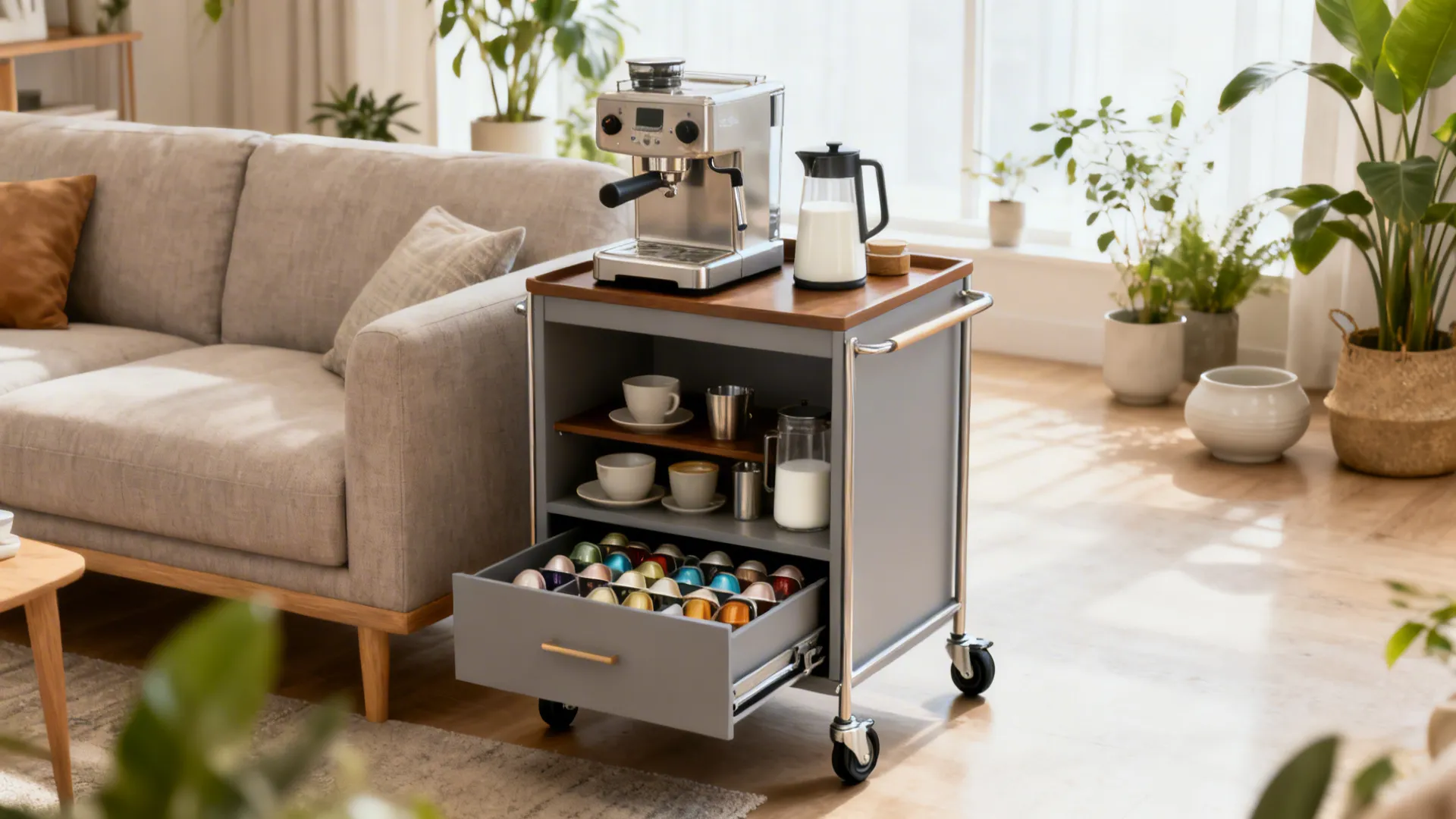 Mobile bar cart styled as a coffee station with espresso maker and accessories in a living room.