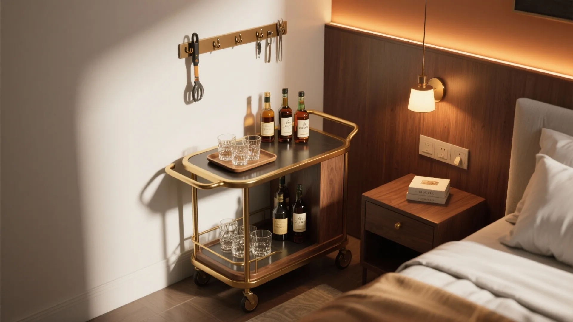 Minimalist bar cart corner used as a nightstand with a tray, wall hooks, and warm lighting.