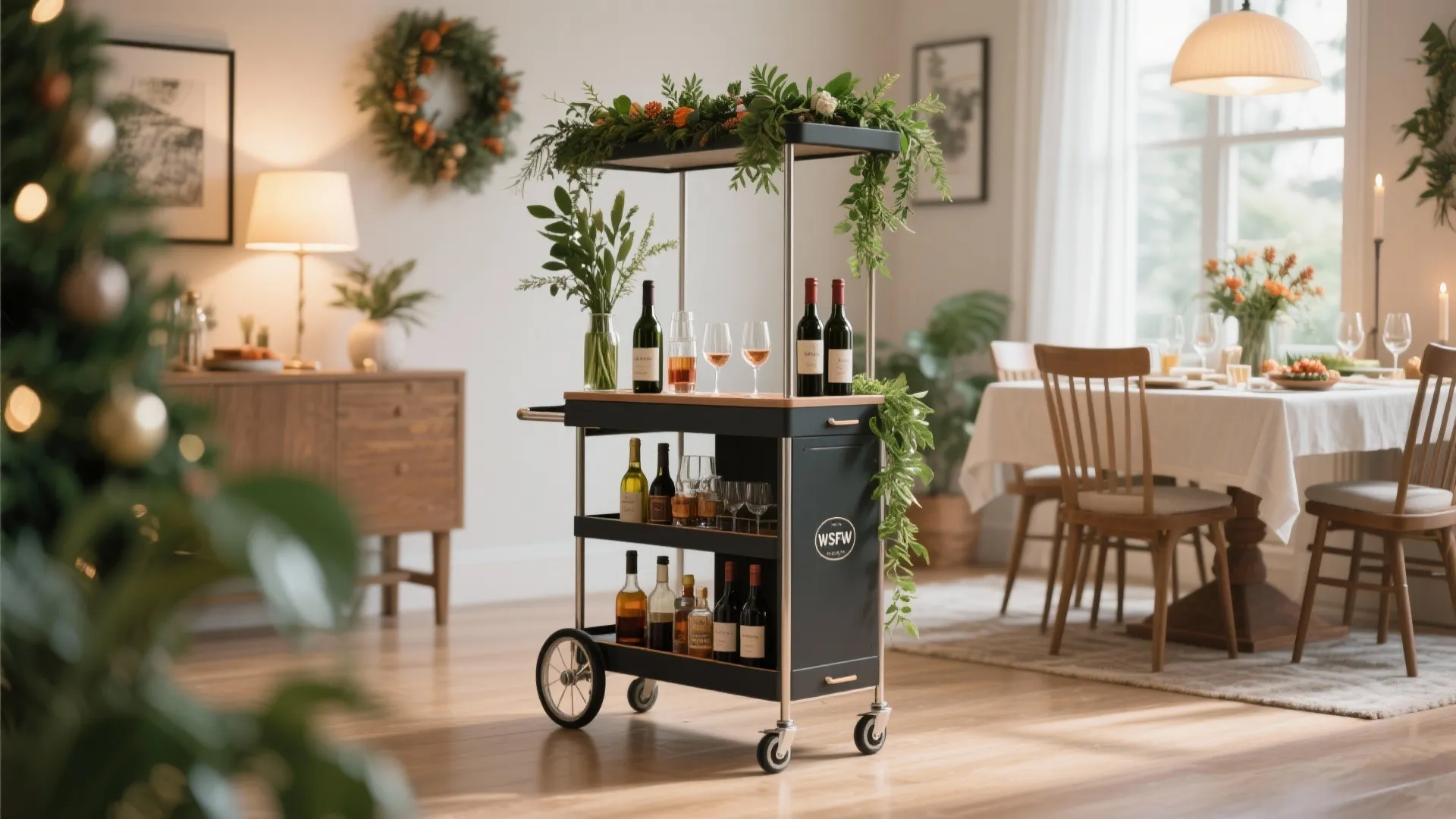 Black mobile bar cart with wine bottles and greenery inside a bright dining room with table