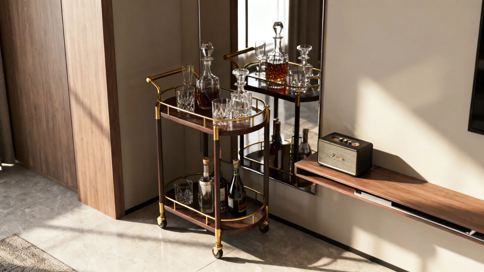 Mobile bar cart paired with a small media console and mirror in a corner