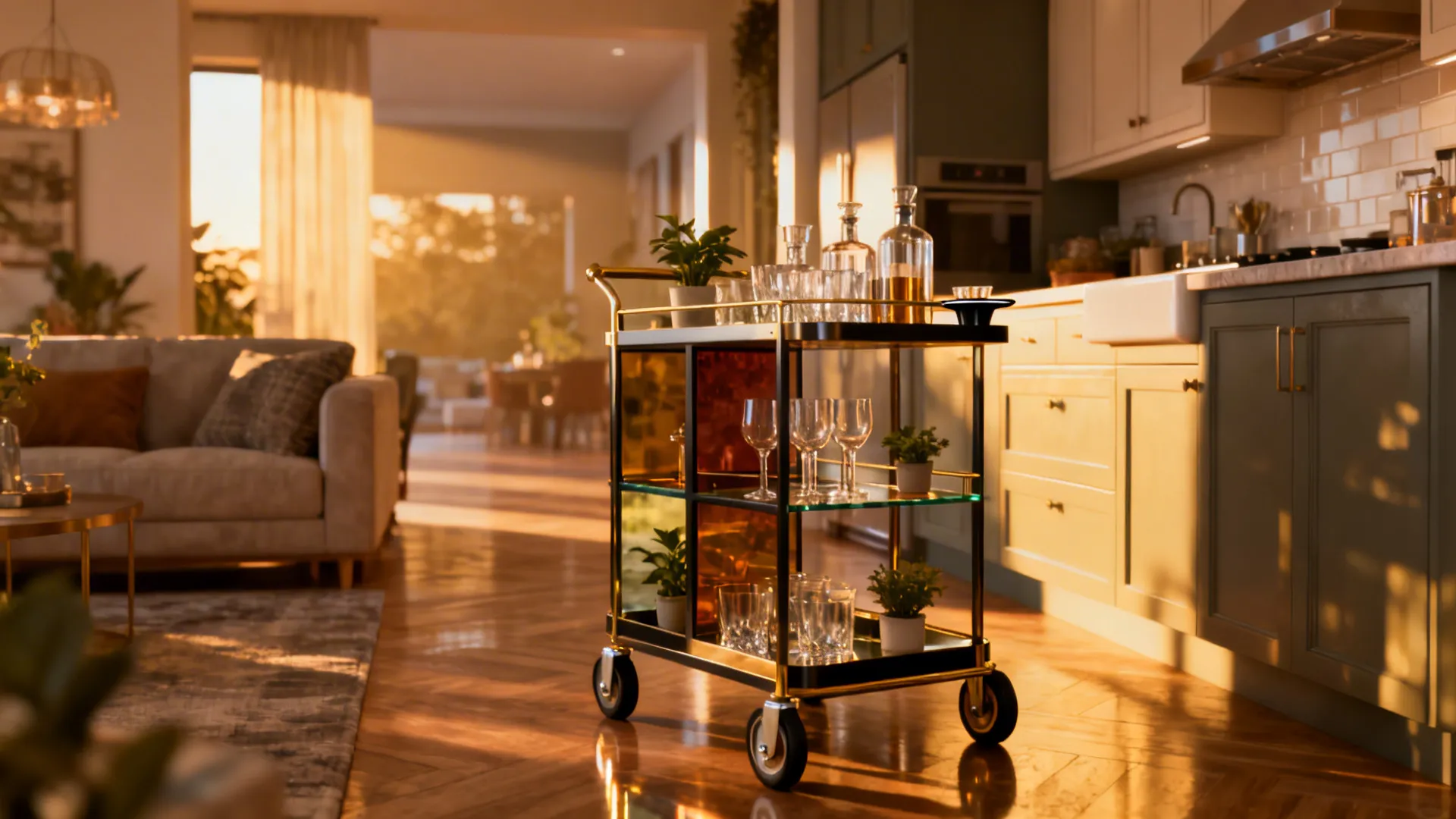 Mobile black and gold serving cart with glass shelves holding drinks in a warm kitchen