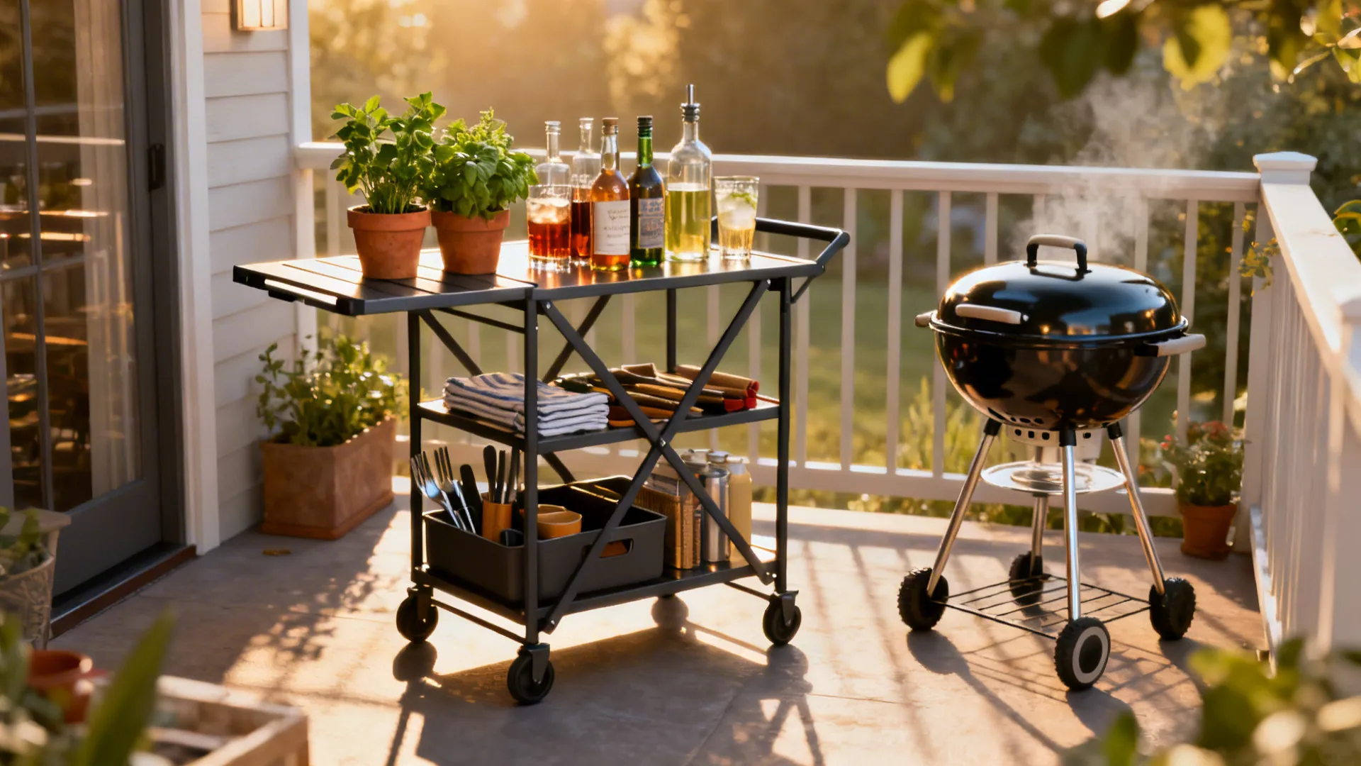 Compact bar cart and fold-out shelf serving as a mini kitchenette on a small patio.