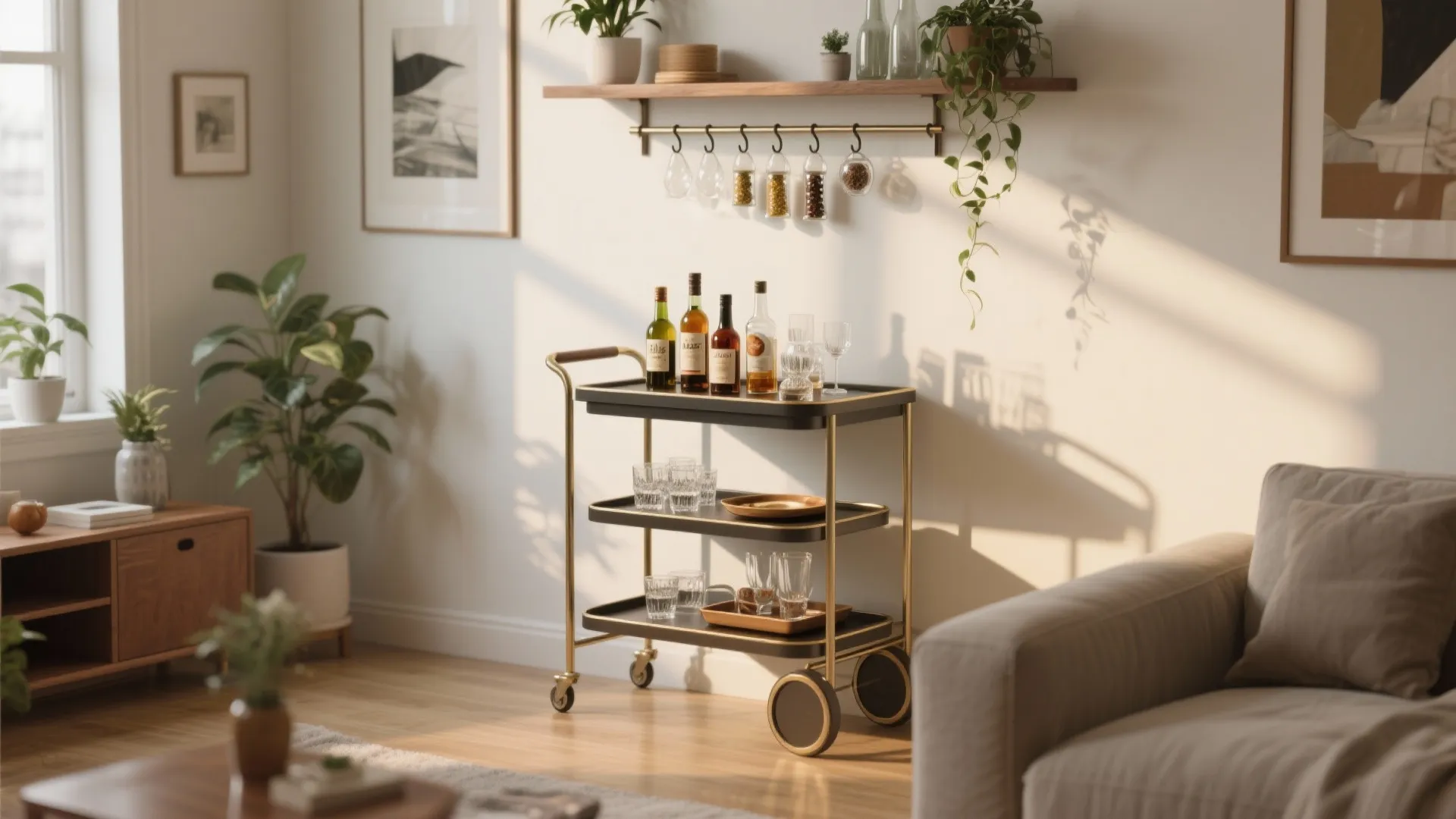 4. Bar Cart + Wall-Mounted Shelving