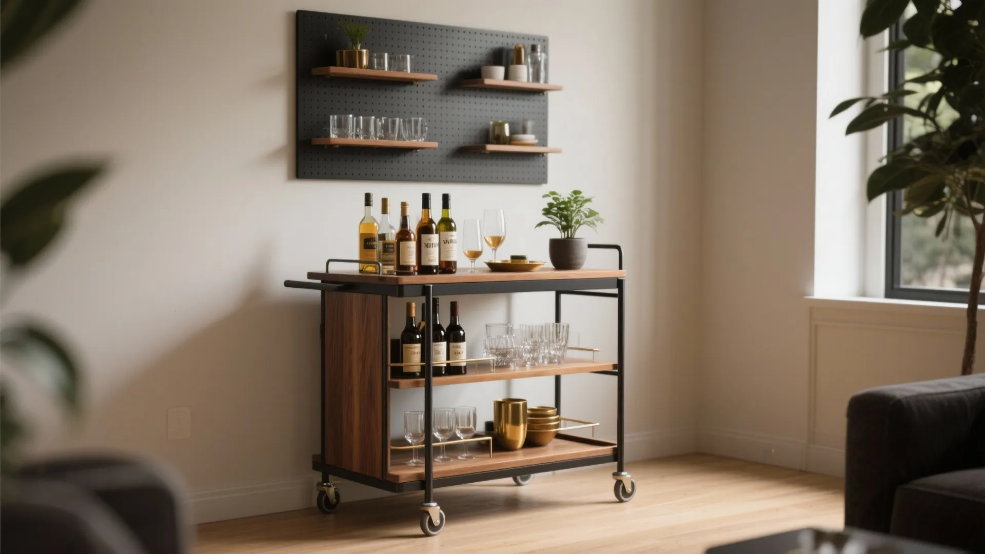 Modern wood and metal bar cart with wine bottles and glasses in a bright room